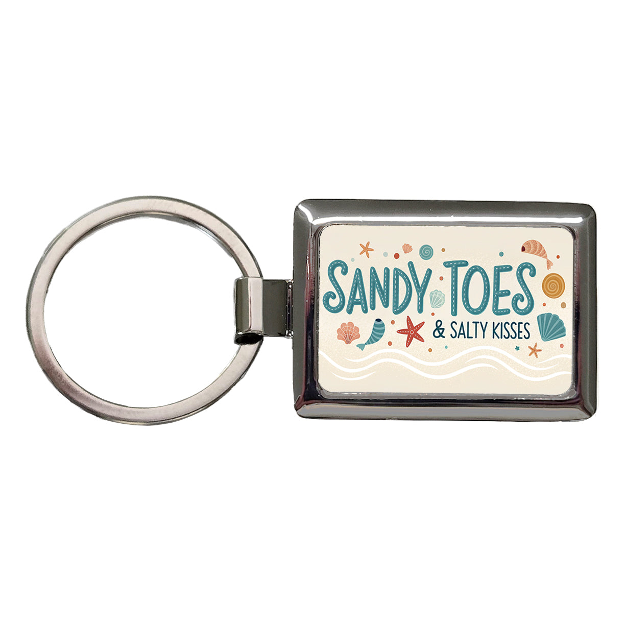 Sandy Toes Salty Kisses Ocean Beach Shells Rectangle Metal Keychain