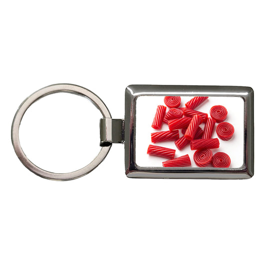 Scattered Red Licorice Rectangle Metal Keychain