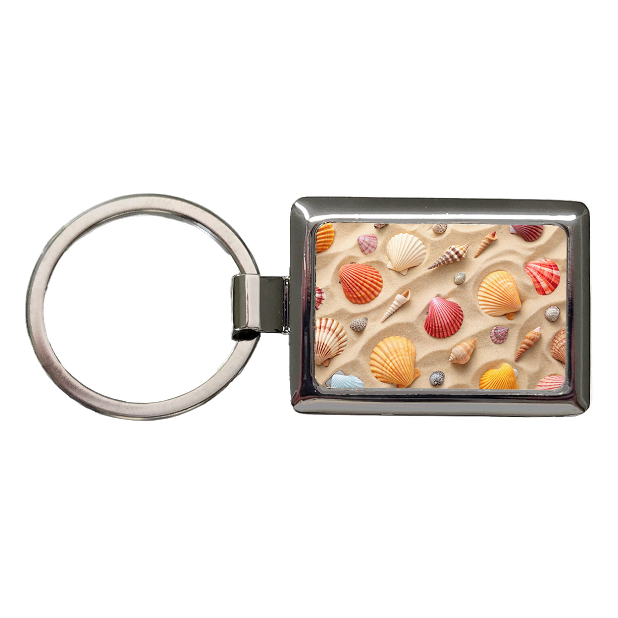 Seashell Collage On Sandy Background Beach Rectangle Metal Keychain