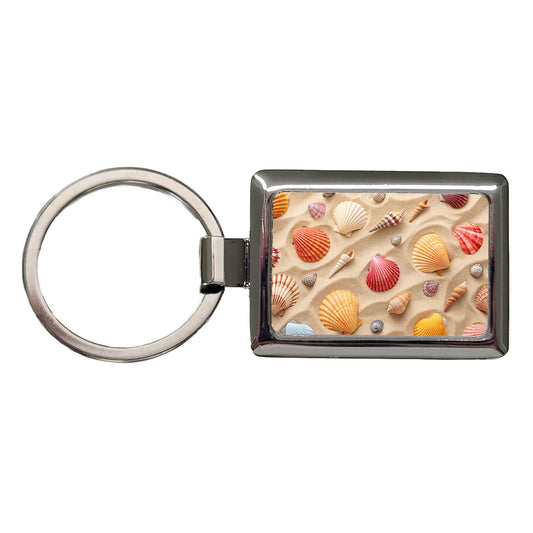 Seashell Collage On Sandy Background Beach Rectangle Metal Keychain