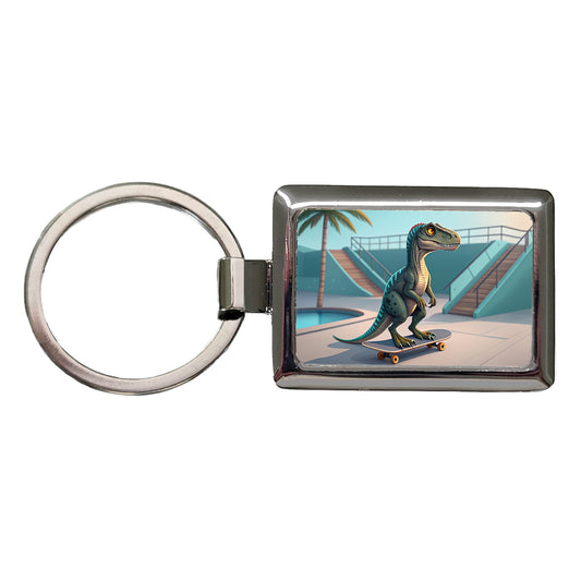 Skateboarding Raptor Dinosaur Funny Rectangle Metal Keychain