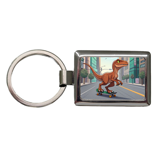 Skateboarding Raptor Dinosaur Rectangle Metal Keychain
