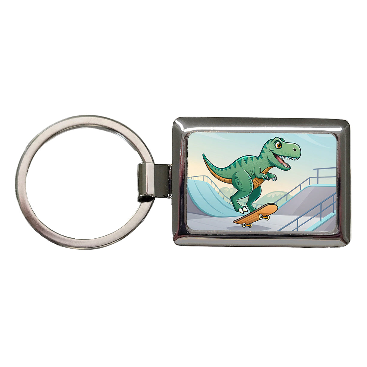 Skateboarding Tyrannosaurus Rex Dinosaur Cute Rectangle Metal Keychain