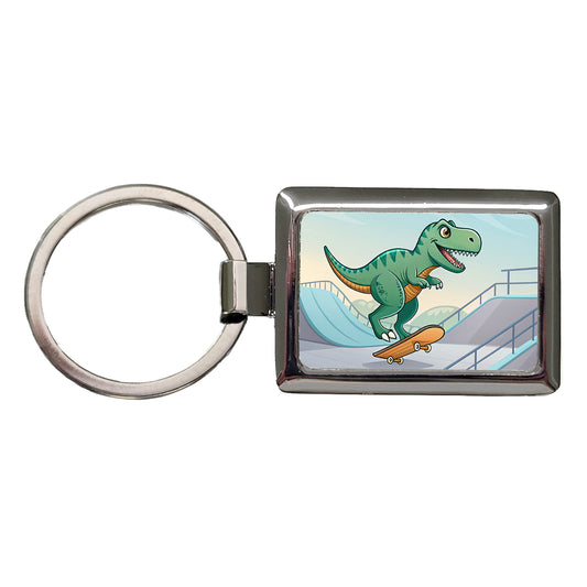 Skateboarding Tyrannosaurus Rex Dinosaur Cute Rectangle Metal Keychain