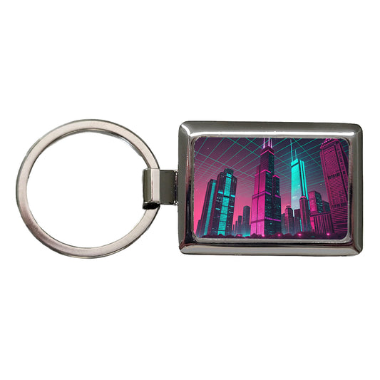 Skyscrapers Buildings Lit Pink Teal Rectangle Metal Keychain