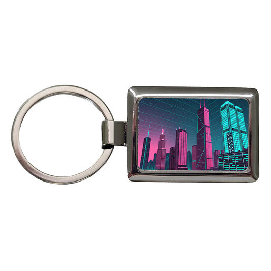 Skyscrapers Lit Pink Teal Glitch Effects Rectangle Metal Keychain
