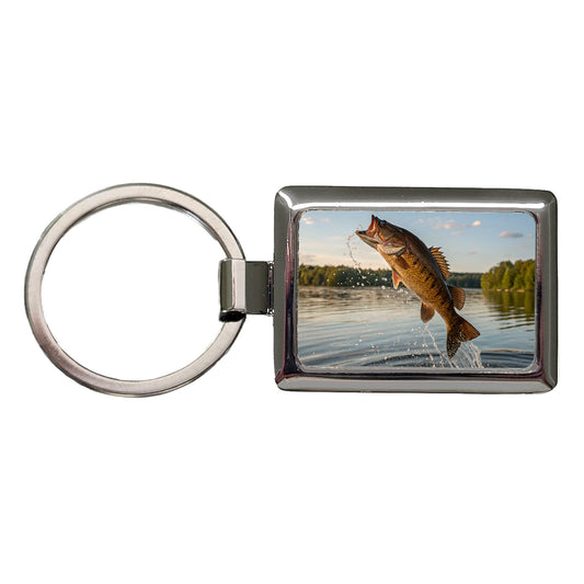 Smallmouth Bass Fish Jumping River Fishing Rectangle Metal Keychain