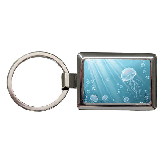 Soft Blue Tones Floating Jellyfish Bubbles Ocean Rectangle Metal Keychain