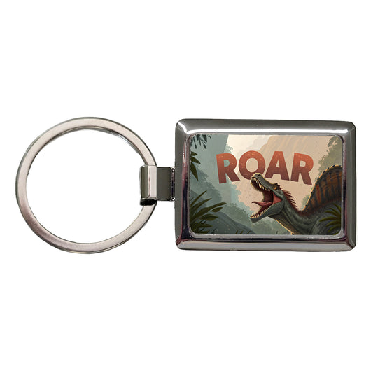 Spinosaurus Roar Bold Text Dinosaur Rectangle Metal Keychain