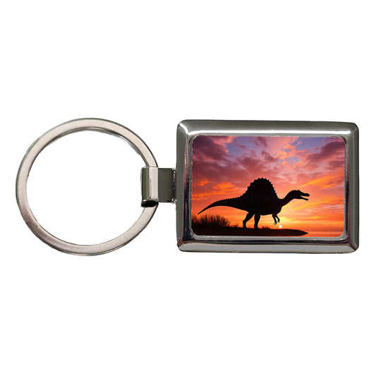 Spinosaurus Sunset Dinosaur Rectangle Metal Keychain