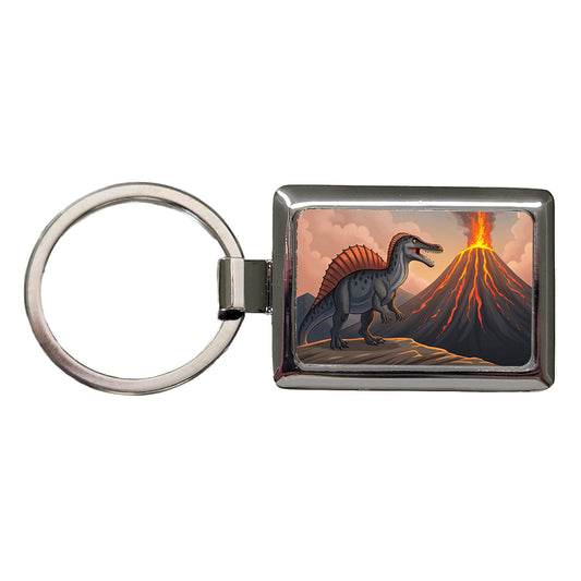 Spinosaurus Volcano Erupting Dinosaur Rectangle Metal Keychain