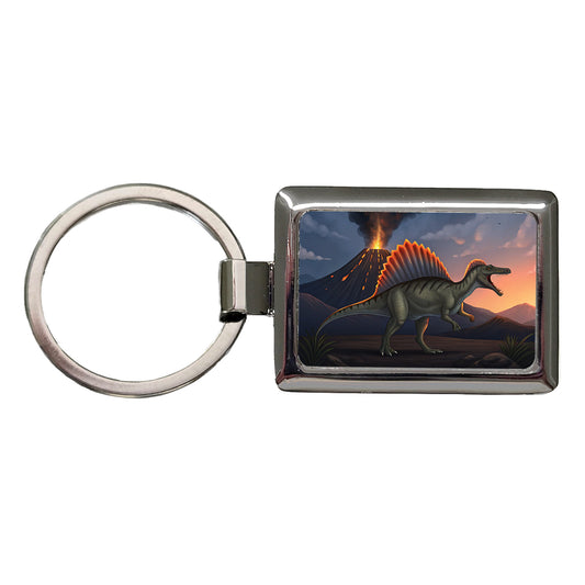 Spinosaurus Volcano Lava Dinosaur Rectangle Metal Keychain
