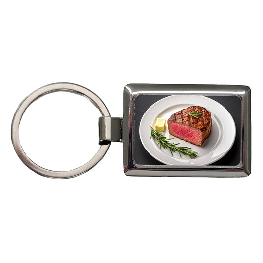 Steak Dinner On Plate Rectangle Metal Keychain