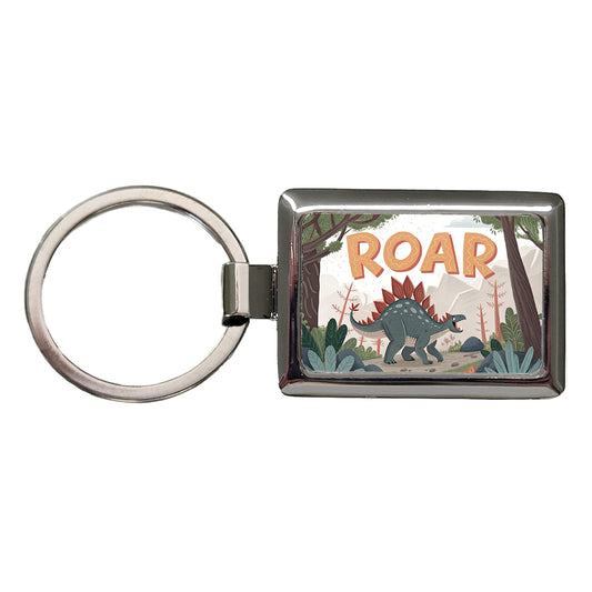 Stegosaurus With Roar Bold Text Dinosaur Rectangle Metal Keychain