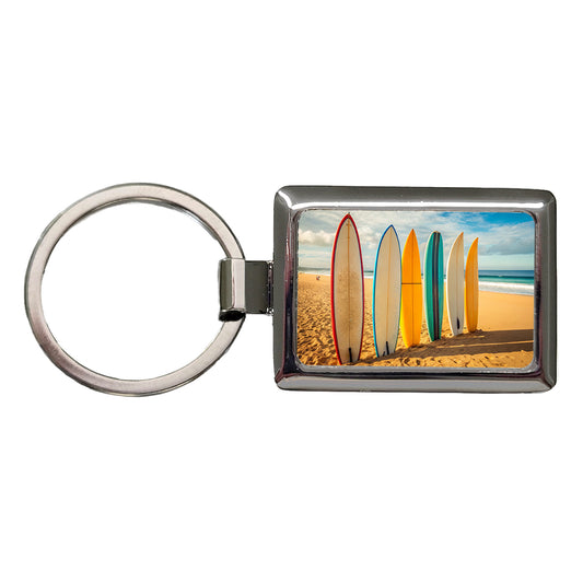 Surfboard Lineup On Beach Rectangle Metal Keychain