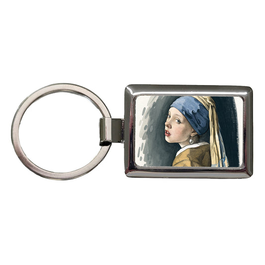 The Girl With A Pearl Earring By Johannes Vermeer Inspired Rectangle Metal Keychain