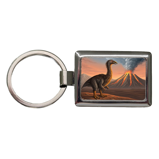 Therizinosaurus Volcano Erupting Dinosaur Rectangle Metal Keychain