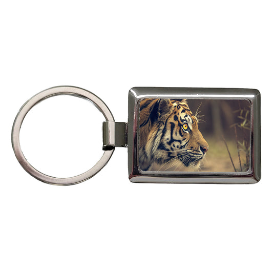 Tiger Eye Face Side View Rectangle Metal Keychain