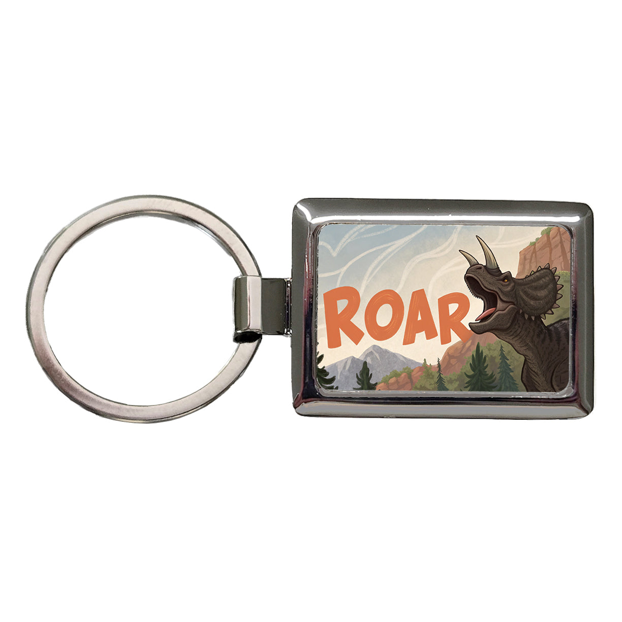 Triceratops Roar Bold Dinosaur Rectangle Metal Keychain