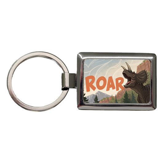 Triceratops Roar Bold Dinosaur Rectangle Metal Keychain