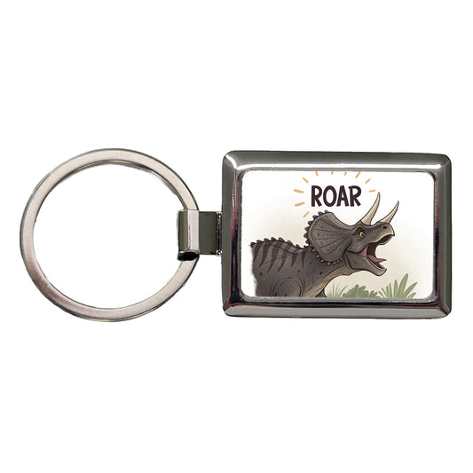 Triceratops Roar Dinosaur Rectangle Metal Keychain