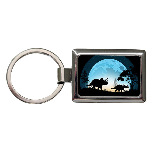 Triceratops Silhouettes Night Dinosaurs Rectangle Metal Keychain