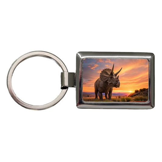 Triceratops Sunset Dinosaur Rectangle Metal Keychain