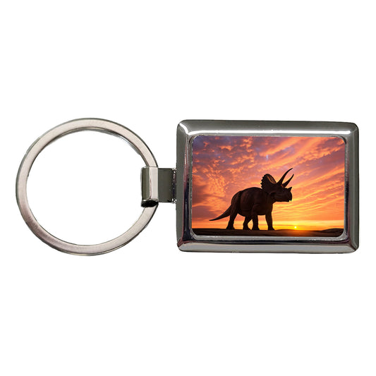 Triceratops Sunset Sunrise Dinosaur Rectangle Metal Keychain