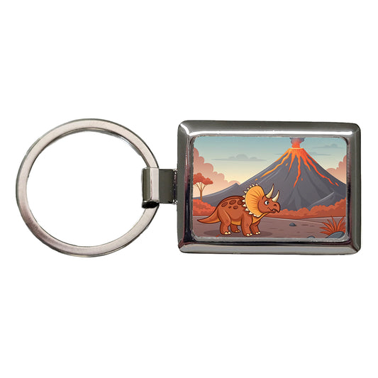 Triceratops Volcano Dinosaur Rectangle Metal Keychain