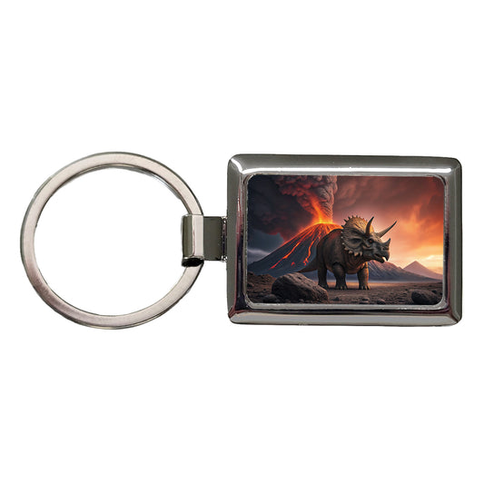 Triceratops Volcano Erupting Dinosaur Rectangle Metal Keychain