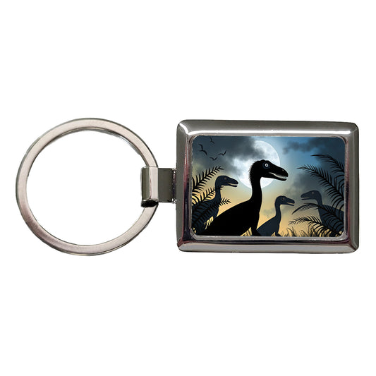 Troodon Silhouettes Night Dinosaurs Rectangle Metal Keychain