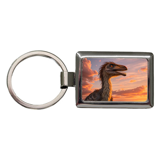Troodon Sunset Dinosaur Rectangle Metal Keychain
