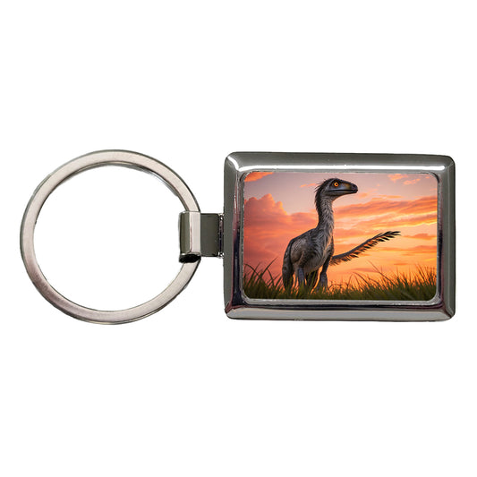 Troodon Sunset Sunrise Dinosaur Rectangle Metal Keychain