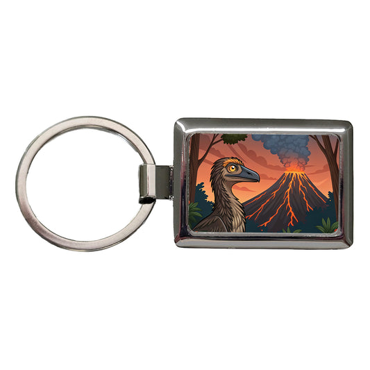 Troodon Volcano Dinosaur Rectangle Metal Keychain