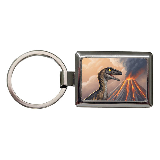 Troodon Volcano Erupting Dinosaur Rectangle Metal Keychain