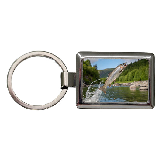 Trout Fish Jumping Fishing River Rectangle Metal Keychain