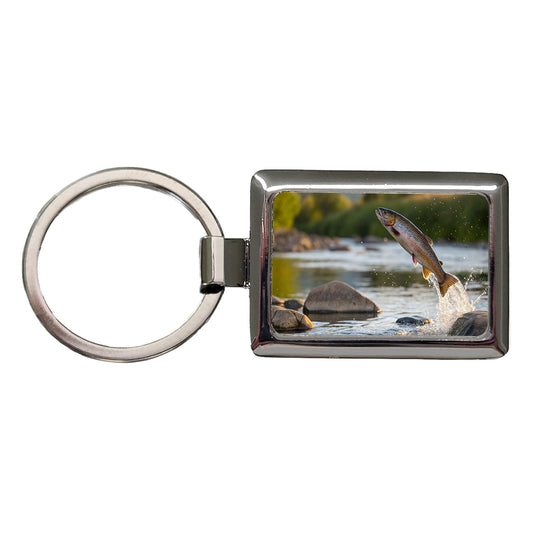 Trout Fish Jumping Fishing Rectangle Metal Keychain