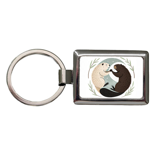 Two Beavers Yin Yang Rectangle Metal Keychain
