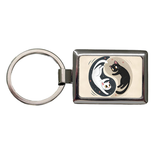 Two Cats Yin Yang Black White Rectangle Metal Keychain