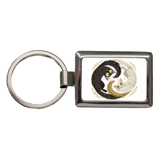 Two Cats Yin Yang Rectangle Metal Keychain