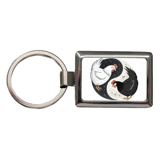Two Chickens Yin Yang White Black Rectangle Metal Keychain