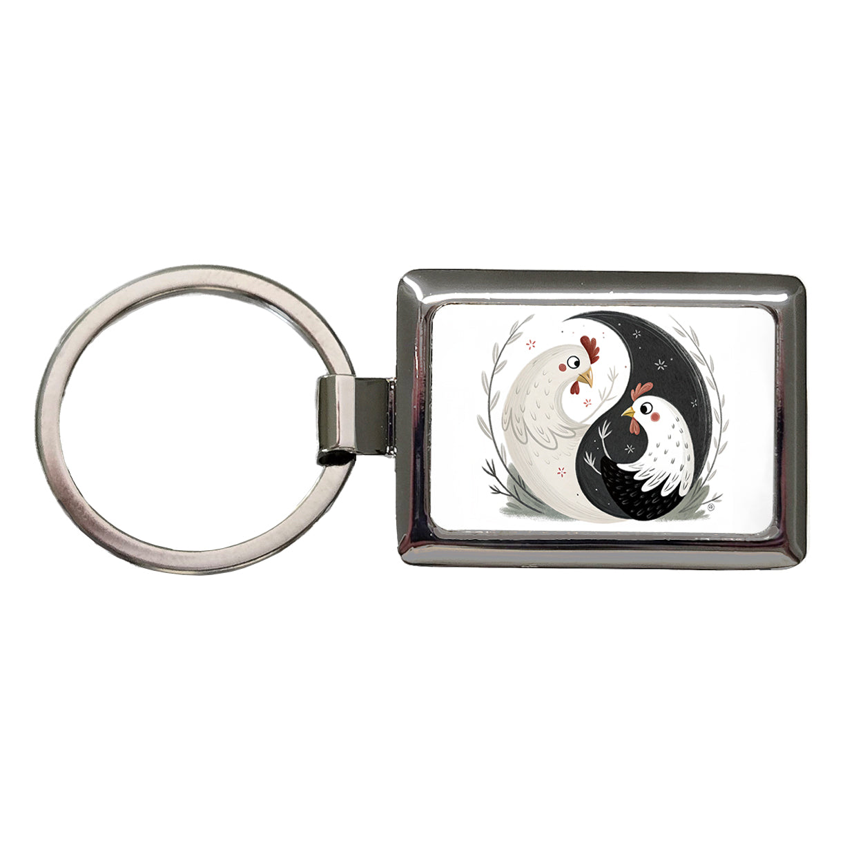 Two Chickens Yin Yang Rectangle Metal Keychain
