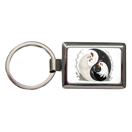 Two Chickens Yin Yang Rectangle Metal Keychain