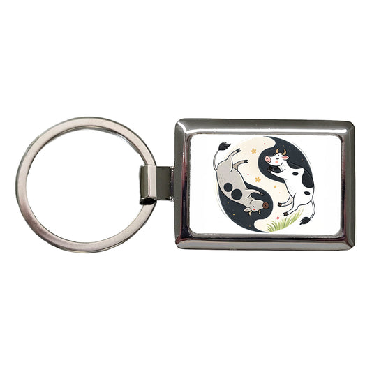 Two Cows Yin Yang Rectangle Metal Keychain