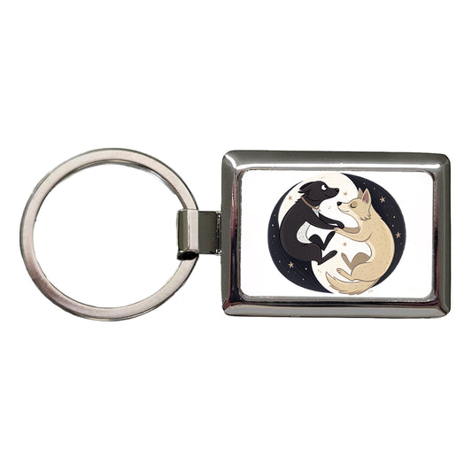 Two Dogs Yin Yang Rectangle Metal Keychain