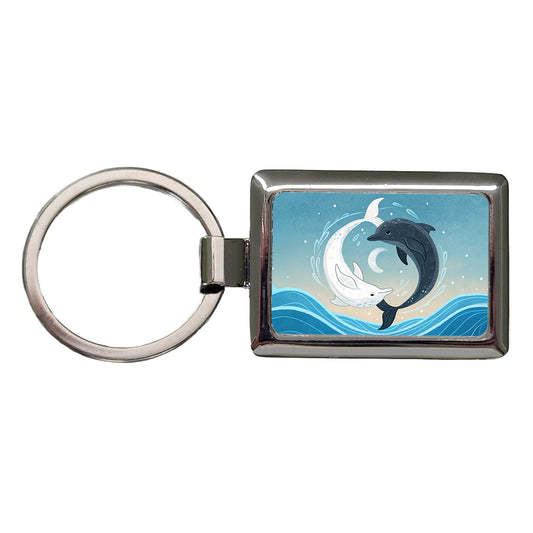 Two Dolphins Yin Yang Dark Light Rectangle Metal Keychain