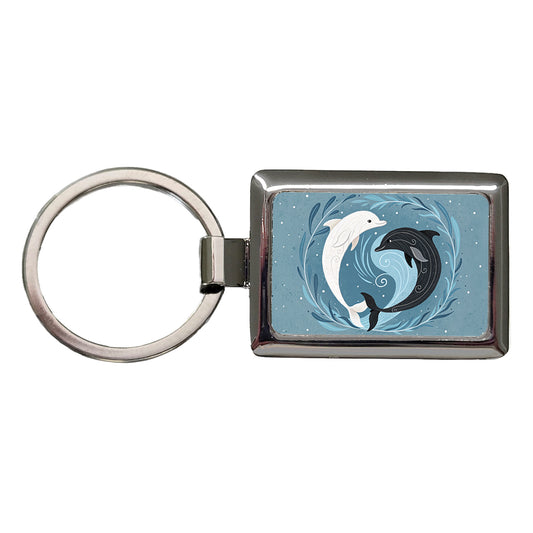 Two Dolphins Yin Yang Rectangle Metal Keychain