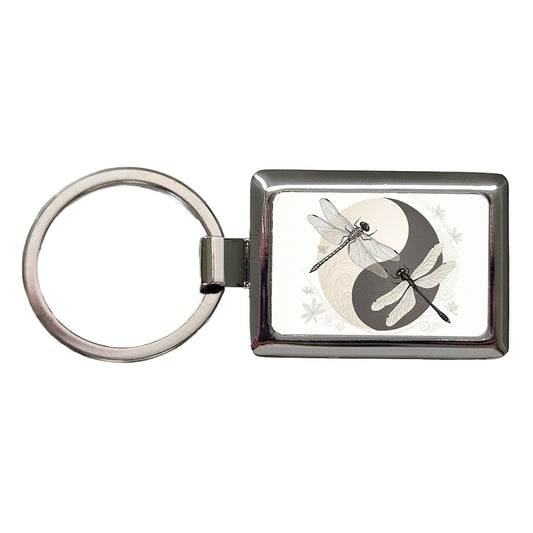 Two Dragonflies Yin Yang Rectangle Metal Keychain