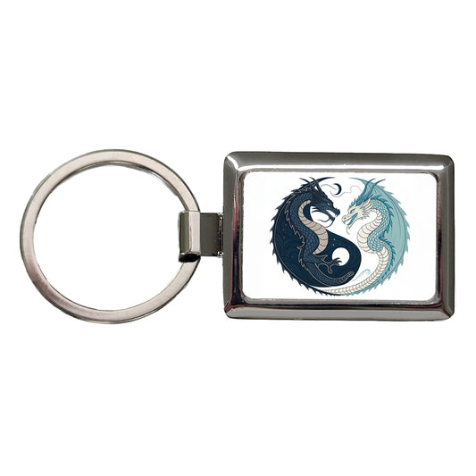 Two Dragons Yin Yang Dark Light Rectangle Metal Keychain