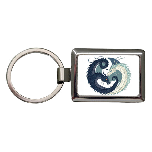 Two Dragons Yin Yang Rectangle Metal Keychain